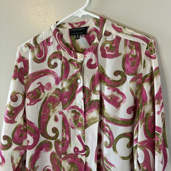 FoxCroft Fitted Long Sleeve Blouse Purple Green Paisley Button Up Top Si… - Picture 2 of 8